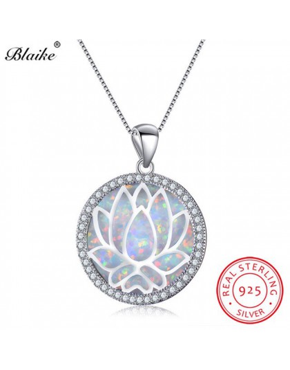 Blaike 925 Sterling Silver Rainbow kwiat lotosu wisiorki biały/niebieski ogień Opal Birthstone naszyjniki dla kobiet cyrkon Fine