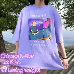 Gorące lato kobiety na co dzień T Shirt śmieszne chiński list topy kobiety Tshirt moda fioletowy Cartoon drukowane Oversize topy