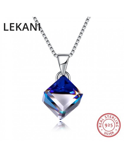 LEKANI kryształy Swarovskiego kostki niebieski wisiorek naszyjnik proste Trendy obroże prawdziwe S925 srebrny Fine Jewelry dla k