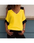 2019 kobiety lato Patchwork zimno ramię T-Shirt topy T koszula kobiety dekolt w serek Top Tees Feminina Camiseta Blusas SJ1734X