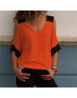 2019 kobiety lato Patchwork zimno ramię T-Shirt topy T koszula kobiety dekolt w serek Top Tees Feminina Camiseta Blusas SJ1734X