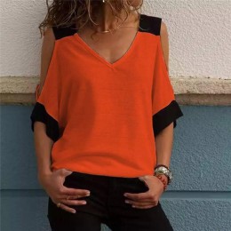 2019 kobiety lato Patchwork zimno ramię T-Shirt topy T koszula kobiety dekolt w serek Top Tees Feminina Camiseta Blusas SJ1734X