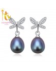 Nimfa naturalne perły biżuteria wysokiej jakości kolczyki S925 sterling silver kolczyki słodkowodne czarne perły modny motyl E10