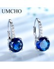 UMCHO 100% prawdziwe srebro 925 biżuteria okrągły utworzono Nano Sapphire klipsy dla kobiet Party moda prezent Charms Fine Jewel