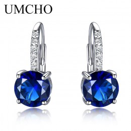 UMCHO 100% prawdziwe srebro 925 biżuteria okrągły utworzono Nano Sapphire klipsy dla kobiet Party moda prezent Charms Fine Jewel