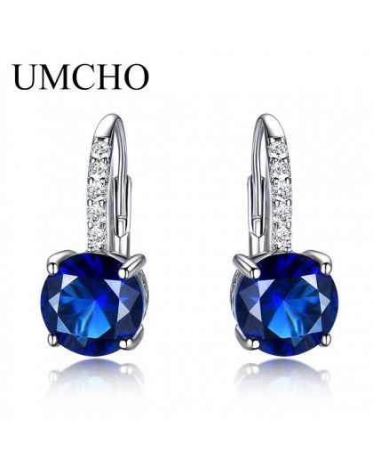 UMCHO 100% prawdziwe srebro 925 biżuteria okrągły utworzono Nano Sapphire klipsy dla kobiet Party moda prezent Charms Fine Jewel