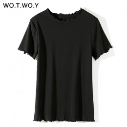 WOTWOY Ruffles lato T koszula kobiety bawełna Casual solidna koszulka kobiety koreański topy koszulkę Femme Slim czarny Tshirt H