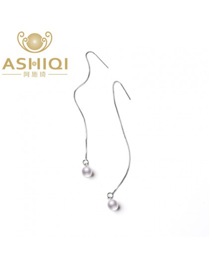 ASHIQI 925 Sterling Silver długi kolczyki dla kobiet 7-8mm naturalna perła słodkowodna biżuteria