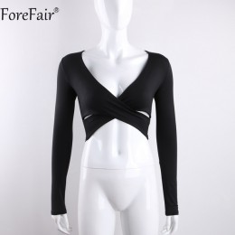 ForeFair Trend krzyż Sexy Crop Top kobiety 2018 Wrap Slim topy czarny biały jesień zima z długim rękawem T koszula kobiety