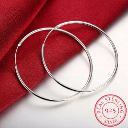 100% 925 Sterling Silver Hoop kolczyki dla kobiet 50mm 60mm okrągłe koło pętli proste kobieta srebrne kolczyki koła