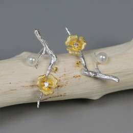 Lotus zabawy majątek 925 Sterling Silver ręcznie projektant biżuterii delikatne Plum Blossom kwiat Dangle kolczyki dla kobiet