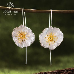Lotus zabawy majątek 925 Sterling Silver ręcznie robiona biżuteria kwitnących maki kwiat Dangle kolczyki dla kobiet