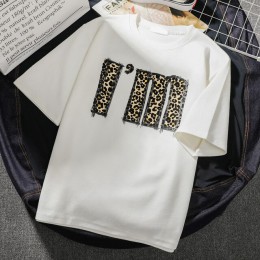 Hirsionsan koreański lato Leopard litery T Shirt kobiety 2019 lato luźne O-Neck krótki rękaw koszulki Harajuku Punk kobieta kosz