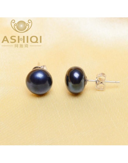 ASHIQI 925 perła z polerowanego srebra stadniny kolczyki dla kobiet czarny naturalna perła słodkowodna biżuteria nowa moda