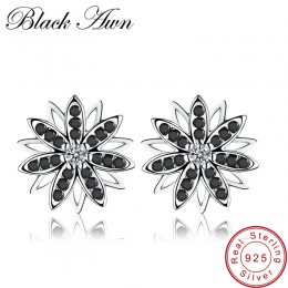 [Czarny AWN] kwiat prawdziwej 925 Sterling Silver biżuteria czarny Spinel kamień pierścionek zaręczynowy stadniny kolczyki dla W