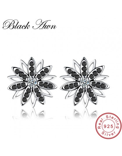 [Czarny AWN] kwiat prawdziwej 925 Sterling Silver biżuteria czarny Spinel kamień pierścionek zaręczynowy stadniny kolczyki dla W