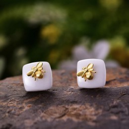 Lotus zabawy majątek 925 Sterling Silver naturalne ręcznie projektant biżuterii pszczoła pocałunek od róża stadniny kolczyki dla