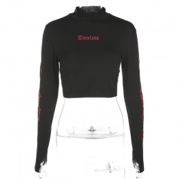 Weekeep mody z długim rękawem Gothic list drukuj przycięte t koszula 2018 jesień czarny stojak kołnierz Streetwear Crop Top tshi