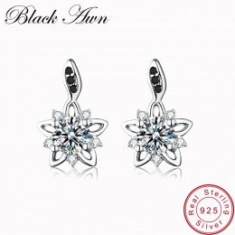 [Czarny AWN] oryginalne 925 Sterling Silver Fine biżuteria kwiat czarny i biały kamień pierścionek zaręczynowy stadniny kolczyki