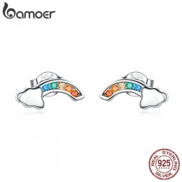 BAMOER 2019 nowy autentyczne 925 Sterling Silver kolorowe tęczy i w chmurze stadniny kolczyki dla kobiet koreański ucha biżuteri