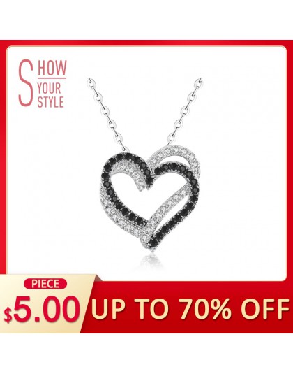 [Czarny AWN] Fine oryginalne 100% 925 srebro naszyjnik kobiety biżuteria serce czarny i biały kamień wisiorki P107
