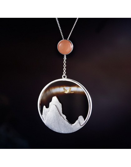 Lotus zabawy majątek 925 Sterling Silver naturalne kamień szlachetny biżuteria kreatywny powrotem ptaka w zachód słońca wisiorek