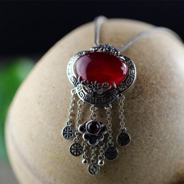 Prawdziwe 925 Sterling Silver wisiorek dla kobiet ręcznie frędzle inkrustowane naturalny czerwony rubinowy kamień Bijoux Femme