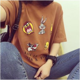 Cute Cartoon T-shirt z nadrukiem kobiety wiosna lato w nowym stylu z krótkim rękawem O szyi bawełna kobiet topy trójniki luźne k