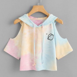 ROMWE otwórz ramię kolor wody z kapturem Tee koszula Multicolor 3/4 rękaw Tie Dye kobiety Top sznurkiem Casual Crop T Shirt