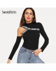 SweatyRocks czarny T koszula kobiety wyciąć ramię list taśma dopasowana koszulka Femme jesień 2018 odzież damska z długim rękawe