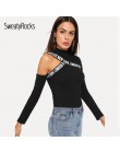 SweatyRocks czarny T koszula kobiety wyciąć ramię list taśma dopasowana koszulka Femme jesień 2018 odzież damska z długim rękawe