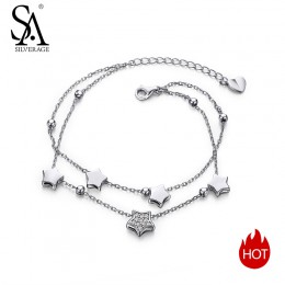 SA SILVERAGE 925 Sterling Silver Star bransoletki i Bangles dla kobiet biżuteria Rhinestone dwa warstwa łańcucha Link bransoletk