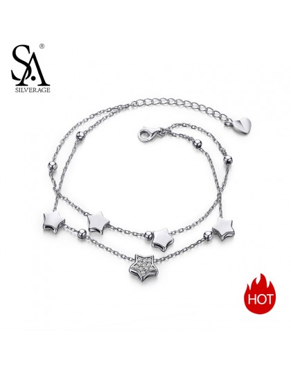 SA SILVERAGE 925 Sterling Silver Star bransoletki i Bangles dla kobiet biżuteria Rhinestone dwa warstwa łańcucha Link bransoletk