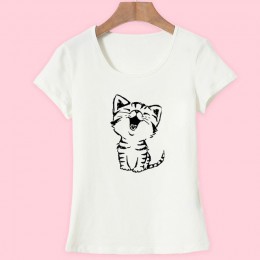Lato nowa moda damska Casual O-Neck T Shirt topy Camisas z śmieszne kot drukuj i krótkim rękawem HH08