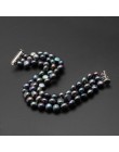 925 Sterling silver 7-8mm czarny barokowy 3 rzędy naturalna perła słodkowodna bransoletki bransoletka dla kobiet