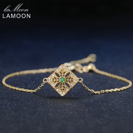 LAMOON 2mm 0.06ct 100% naturalny szmaragdowy 925 Sterling Silver biżuteria 14 K żółte łańcuszek pozłacany Charm bransoletka S925