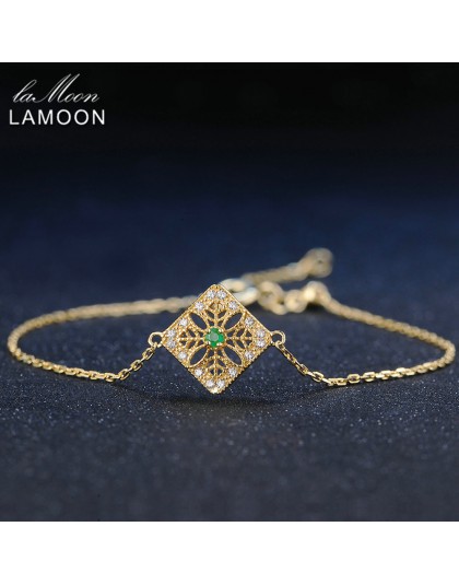 LAMOON 2mm 0.06ct 100% naturalny szmaragdowy 925 Sterling Silver biżuteria 14 K żółte łańcuszek pozłacany Charm bransoletka S925