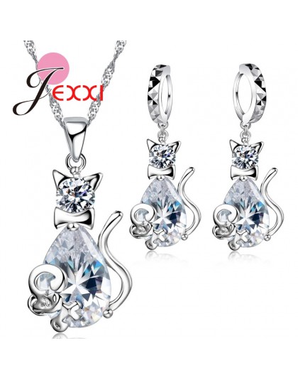 Jemmin śliczne biały kot i mysz biżuteria ustawia 925 srebro CZ AAA cyrkonia kryształ prezent na dzień matki zestawy biżuterii