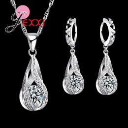 JEMMIN 925 Sterling Silver klasyczny romantyczny Drop kształt biały zestawy kryształowej biżuterii Water Wave naszyjnik wisiorek