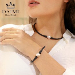 DAIMI czarny silikonowy naszyjnik bransoletka 11mm białe słodkowodne perły zestaw biżuterii na co dzień/sportowy kobiet akcesori