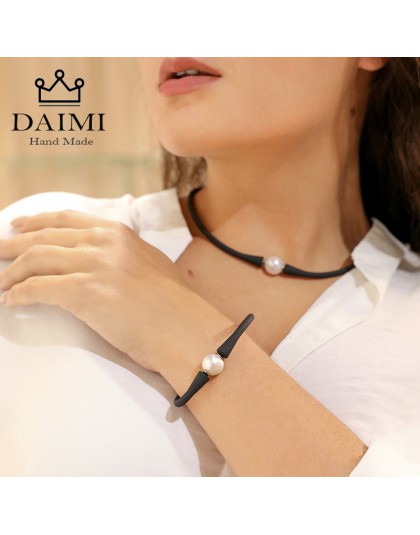 DAIMI czarny silikonowy naszyjnik bransoletka 11mm białe słodkowodne perły zestaw biżuterii na co dzień/sportowy kobiet akcesori
