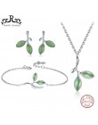 Rinntin prawdziwe 925 Sterling Silver biżuteria zestawy dla kobiet zielony liść kształt kocie oko kamień naszyjnik/kolczyki/ pie
