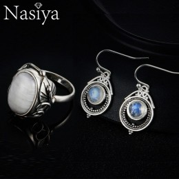 Nasiya 925 Sterling Silver naturalny kamień księżycowy biżuteria w stylu Vintage dla kobiet spadek kolczyki pierścień Party zest