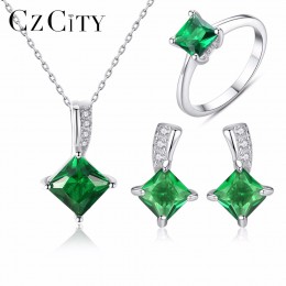 CZCITY 925 Sterling Silver biżuteria ustaw musujące zielony CZ zestawy kryształowej biżuterii ślub zaręczyny biżuteria walentynk