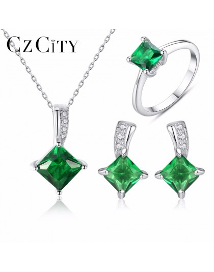 CZCITY 925 Sterling Silver biżuteria ustaw musujące zielony CZ zestawy kryształowej biżuterii ślub zaręczyny biżuteria walentynk