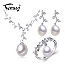 FENASY s925 sterling srebrny biały czarny słodkowodne Pearl Jewelry Sets dla kobiet liści roślin naszyjnik kolczyk trendy pierśc