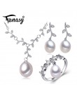 FENASY s925 sterling srebrny biały czarny słodkowodne Pearl Jewelry Sets dla kobiet liści roślin naszyjnik kolczyk trendy pierśc