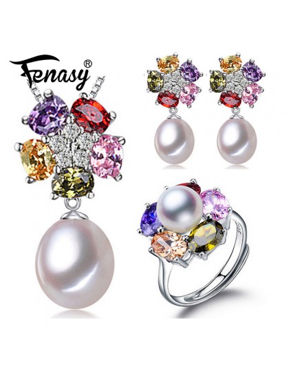 FENASY różowy kryształ zestawy biżuterii z pereł kwiat s925 perła z polerowanego srebra kolczyki pierścień wisiorki dla kobiet p