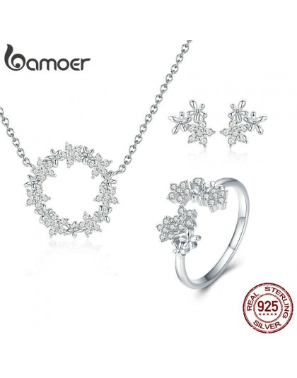 BAMOER 925 srebro zestawy biżuterii czysta cyrkonia Shining Star naszyjnik kobiety pierścień biżuteria ustaw luksusowe biżuteria