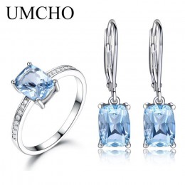 UMCHO majątek 925 Sterling Silver biżuteria stworzył niebo niebieski Topaz pierścionki kolczyki eleganckie prezenty ślubne dla k